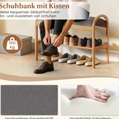 Schuhbank aus Bambus 2-stufiges Schuhregal mit gepolstertem Sitzkissen & Regal 70 x 31,5 x 51 cm Natur & Grau