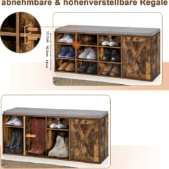 Schuhbank mit gepolstertem Kissen & 9 Fächern 3-stöckiger Schuhregal mit verstellbaren Regalen Braun/Weiß
