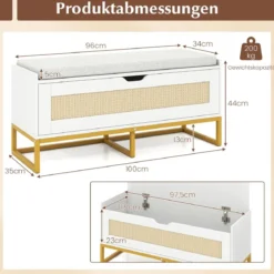 Schuhbank mit Gepolsterter Sitzfläche & Klappdeckel Rattan Schuhschrank bis zu 200 kg Belastbar Weiß