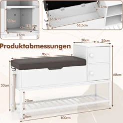 Schuhbank mit Klappdeckel & Sitzfläche & 2 Türen Schuhregal Schuhschrank 100 x 30 x 68 cm