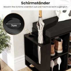 Schuhbank mit Schirmhalter mit Gepolsterter Sitzfläche & Abnehmbare Regalböden Schwarz