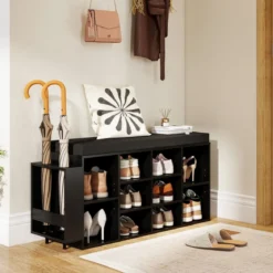Schuhbank mit Schirmhalter mit Gepolsterter Sitzfläche & Abnehmbare Regalböden Schwarz