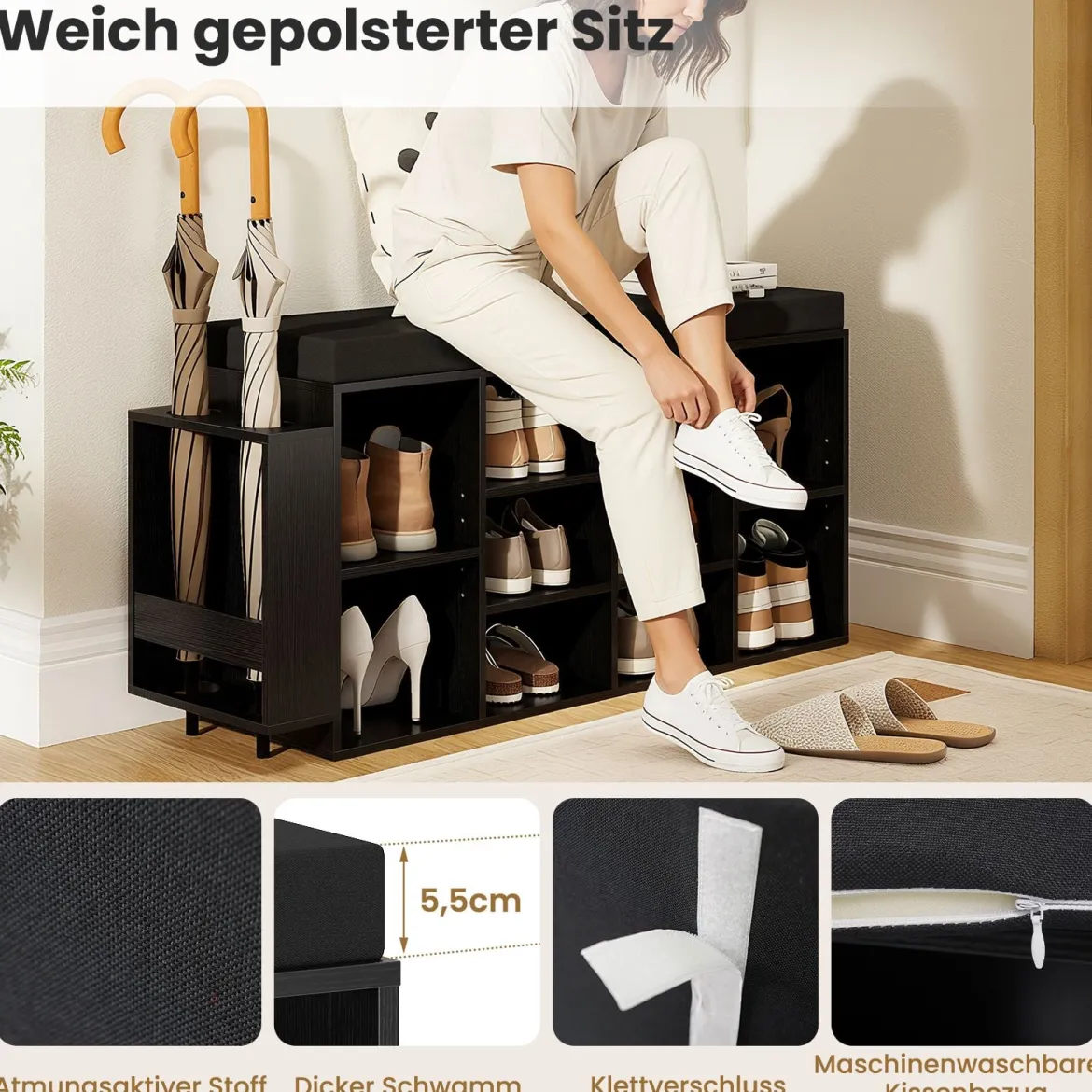 Schuhbank mit Schirmhalter mit Gepolsterter Sitzfläche & Abnehmbare Regalböden Schwarz