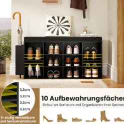 Schuhbank mit Schirmhalter mit Gepolsterter Sitzfläche & Abnehmbare Regalböden Schwarz
