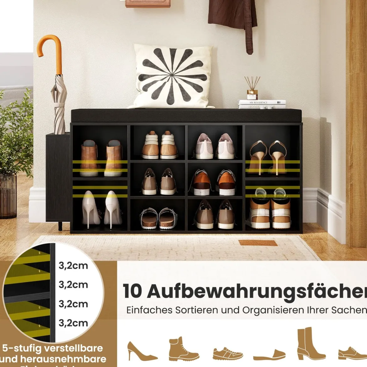 Schuhbank mit Schirmhalter mit Gepolsterter Sitzfläche & Abnehmbare Regalböden Schwarz
