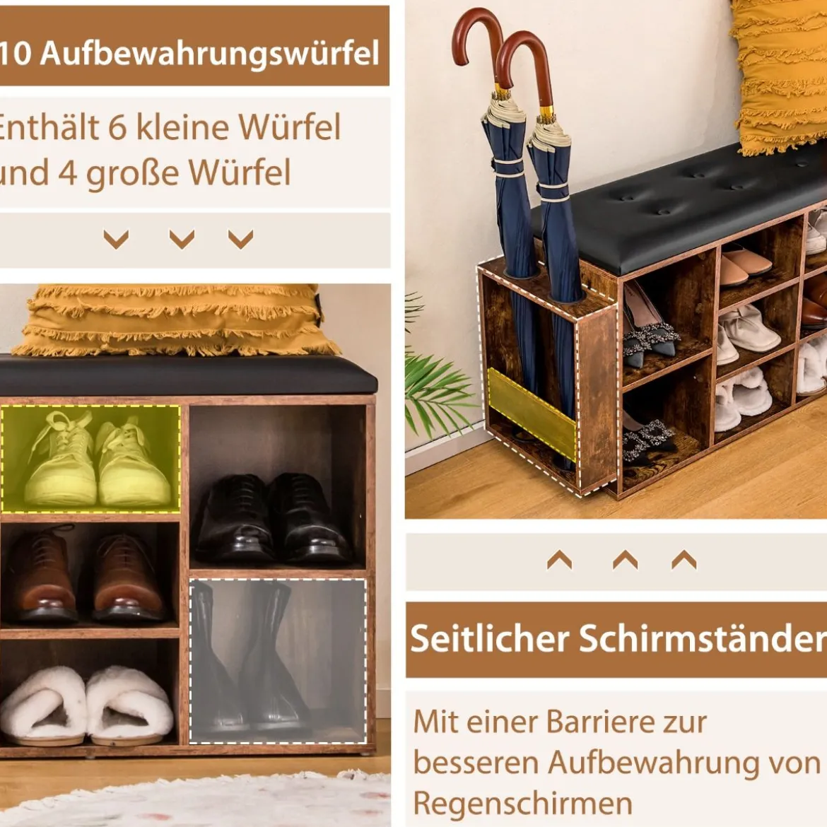 Schuhbank mit Schirmständer Eingangsbank mit Verstellbarer Ablage 110 x 30 x 52 cm