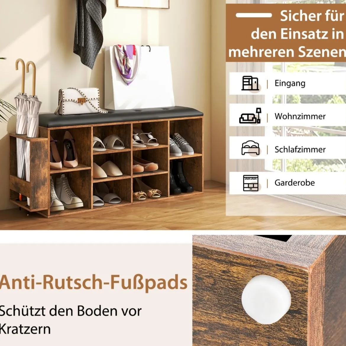 Schuhbank mit Schirmständer Eingangsbank mit Verstellbarer Ablage 110 x 30 x 52 cm
