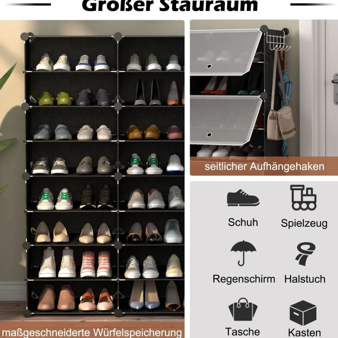 Schuhregal aus Kunststoff mit 12 Fächern & Seitlichen Haken Erweiterbar für Stiefel Schuhschrank