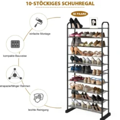 Schuhregal mit 10 Ebenen & Abnehmbarem Regal & Metallrahmen Platzsparende Schuhablage Schwarz