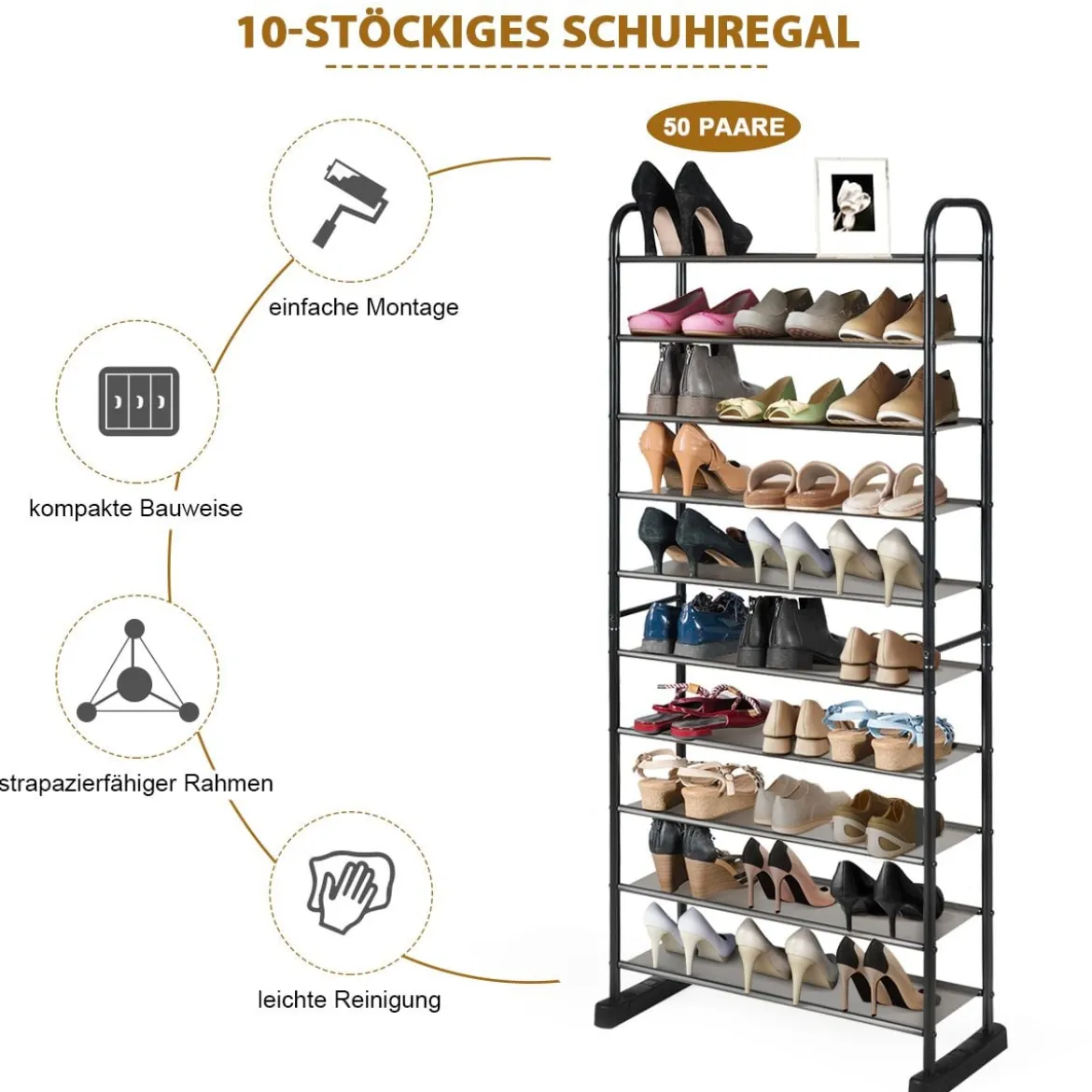 Schuhregal mit 10 Ebenen & Abnehmbarem Regal & Metallrahmen Platzsparende Schuhablage Schwarz