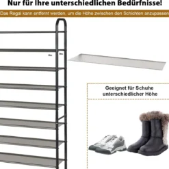 Schuhregal mit 10 Ebenen & Abnehmbarem Regal & Metallrahmen Platzsparende Schuhablage Schwarz
