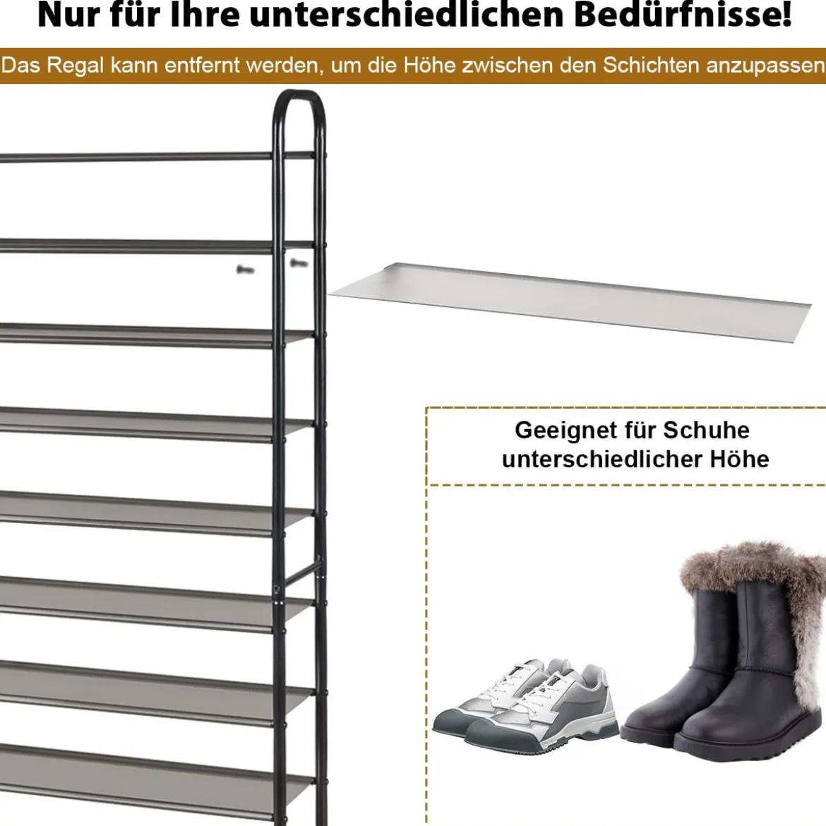Schuhregal mit 10 Ebenen & Abnehmbarem Regal & Metallrahmen Platzsparende Schuhablage Schwarz