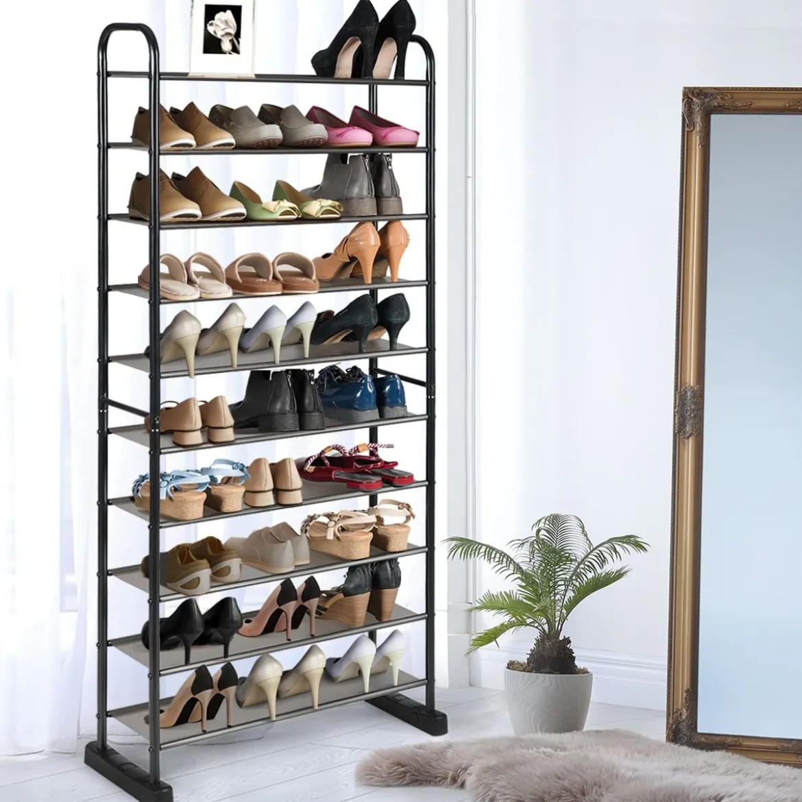 Schuhregal mit 10 Ebenen & Abnehmbarem Regal & Metallrahmen Platzsparende Schuhablage Schwarz