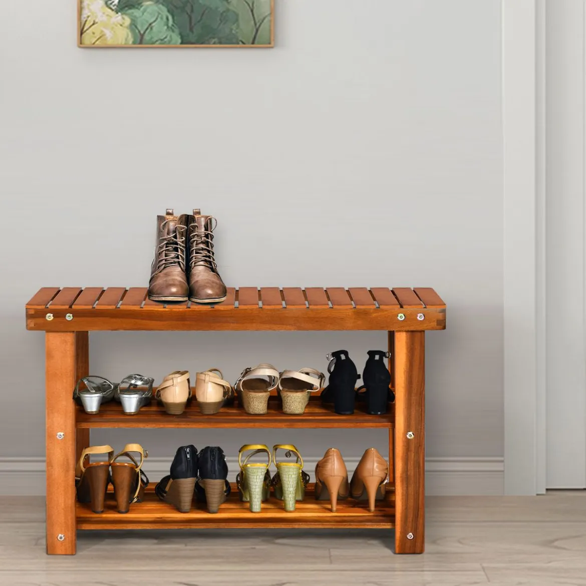 Schuhregal mit Sitzbank & 2 Ablagen Schuhschrank aus Holz Schuhständer 70 x 28 x 45 cm