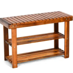 Schuhregal mit Sitzbank & 2 Ablagen Schuhschrank aus Holz Schuhständer 70 x 28 x 45 cm