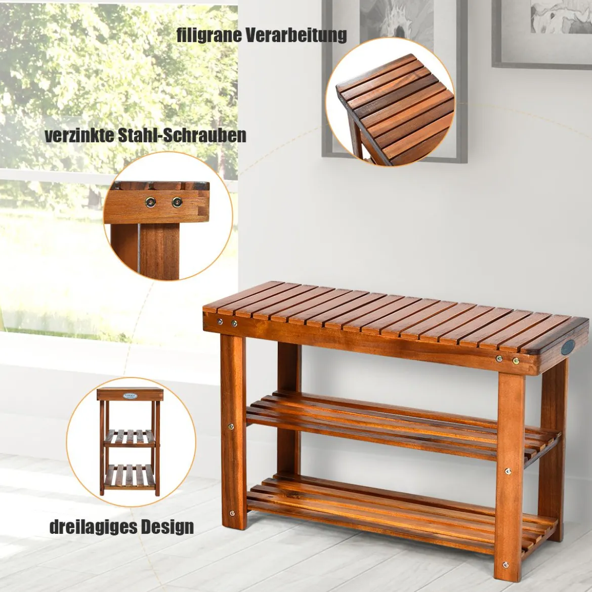 Schuhregal mit Sitzbank & 2 Ablagen Schuhschrank aus Holz Schuhständer 70 x 28 x 45 cm