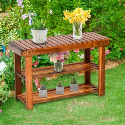Schuhregal mit Sitzbank & 2 Ablagen Schuhschrank aus Holz Schuhständer 70 x 28 x 45 cm