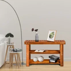 Schuhregal mit Sitzbank & 2 Ablagen Schuhschrank aus Holz Schuhständer 70 x 28 x 45 cm