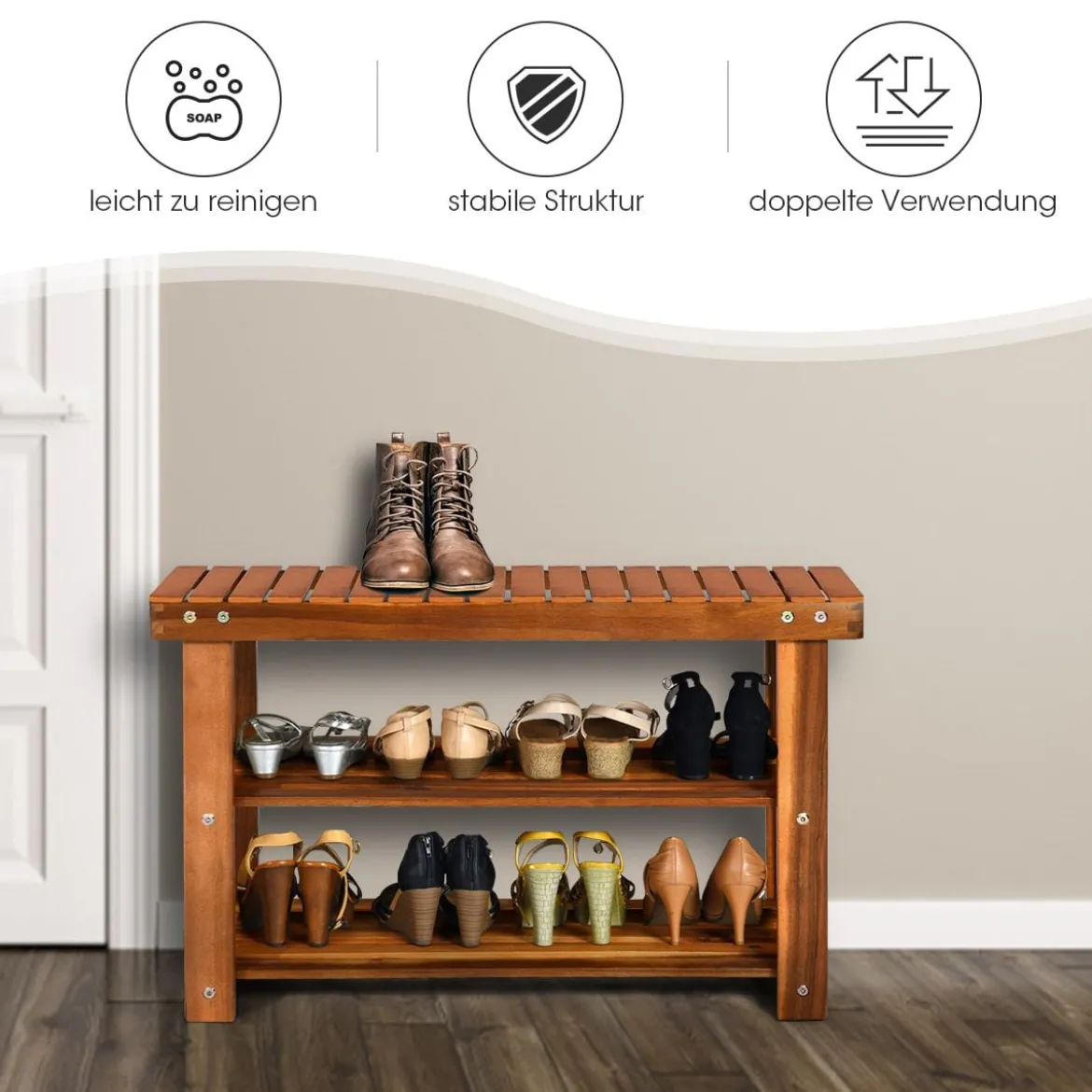Schuhregal mit Sitzbank & 2 Ablagen Schuhschrank aus Holz Schuhständer 70 x 28 x 45 cm