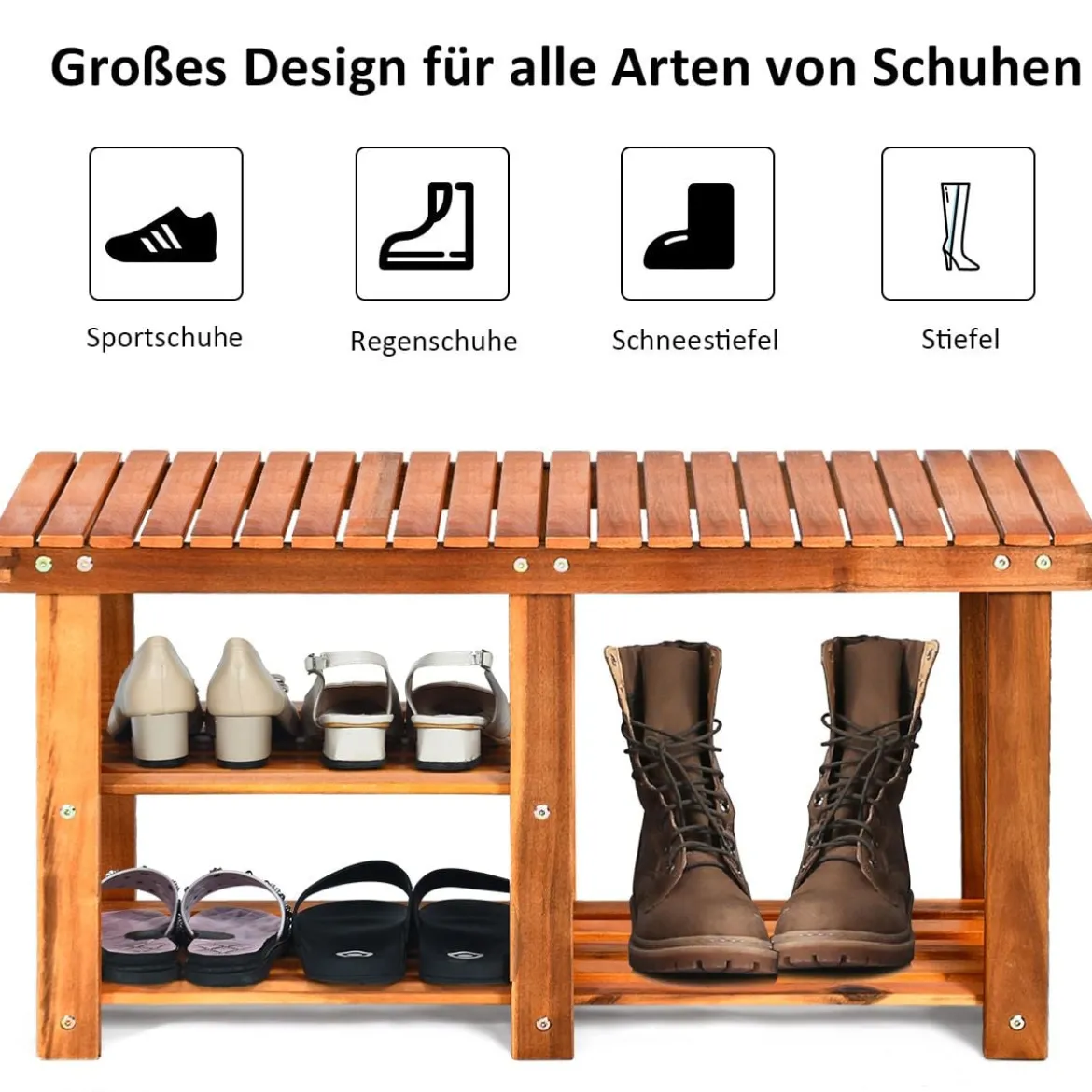 Schuhregal mit Sitzbank & 2 Ablagen Schuhschrank aus Holz Schuhständer 87 x 28 x 45 cm