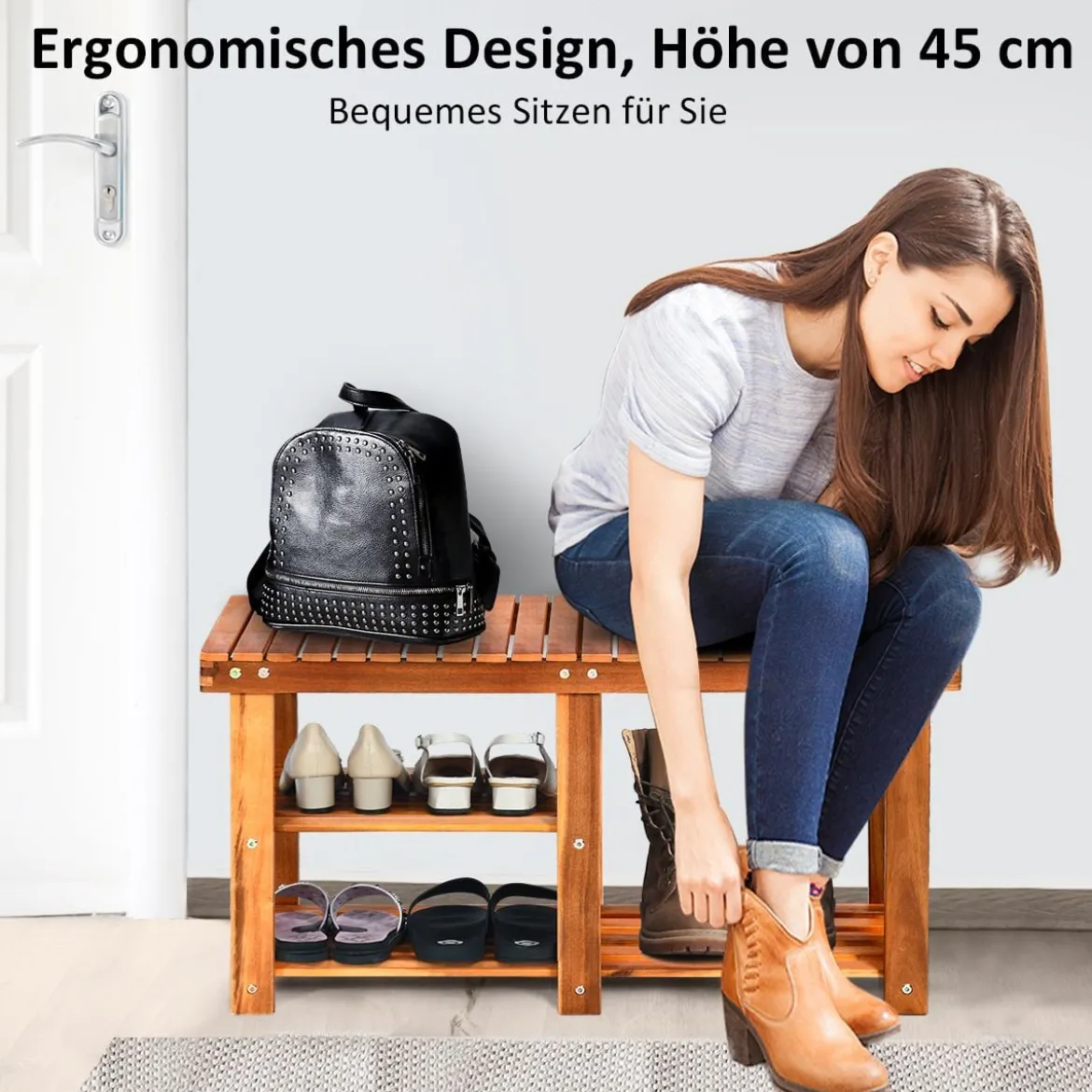 Schuhregal mit Sitzbank & 2 Ablagen Schuhschrank aus Holz Schuhständer 87 x 28 x 45 cm