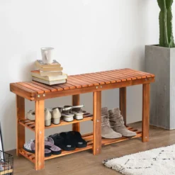 Schuhregal mit Sitzbank & 2 Ablagen Schuhschrank aus Holz Schuhständer 87 x 28 x 45 cm