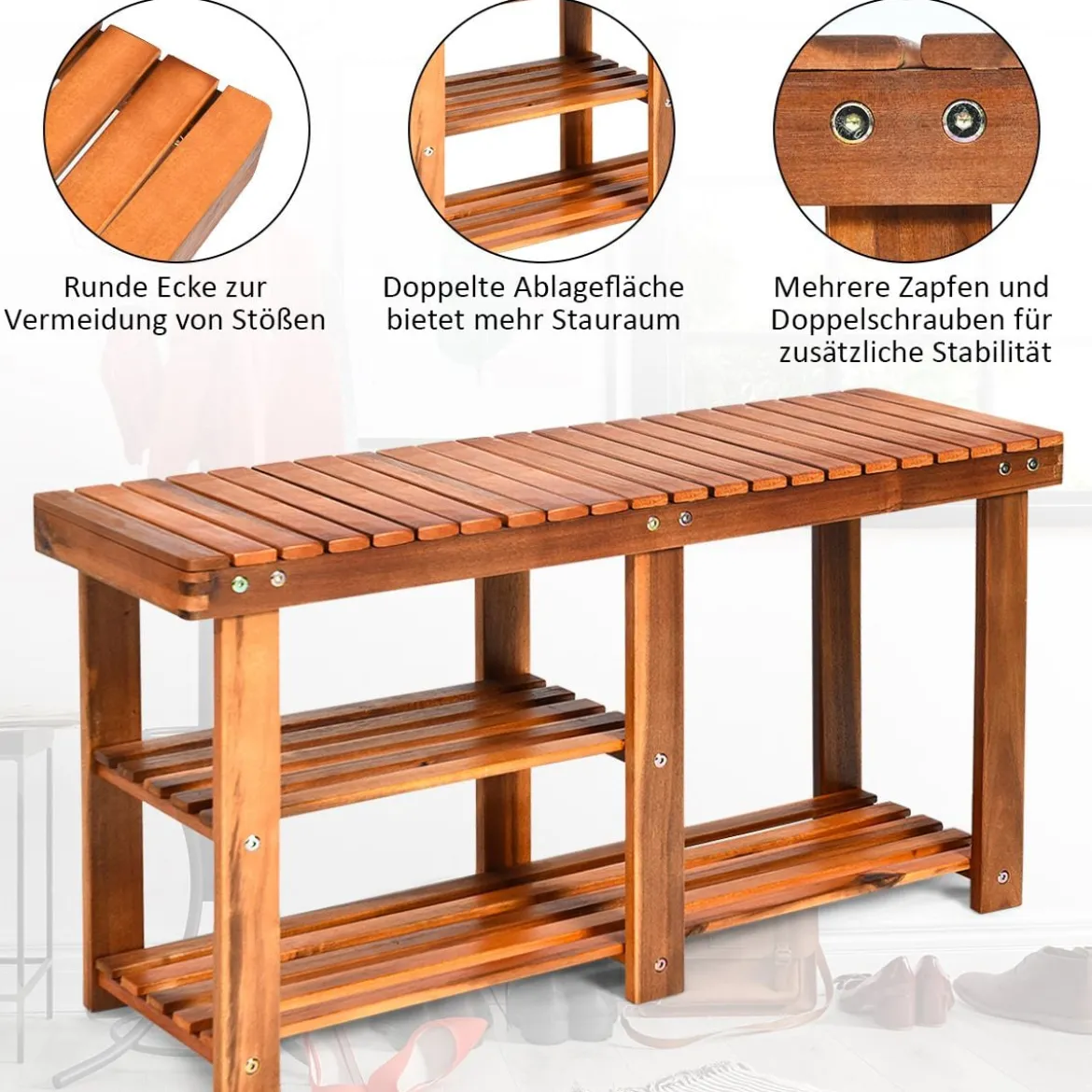 Schuhregal mit Sitzbank & 2 Ablagen Schuhschrank aus Holz Schuhständer 87 x 28 x 45 cm
