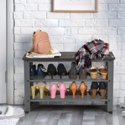 Schuhregal Schuhbank Schuhständer mit 2 Schuhablage und Sitzfläche Grau 73 x 30 x 45 cm