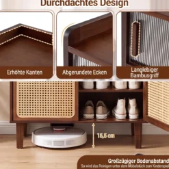 Schuhschrank Bambus mit 2 Rattantüren Rutschfesten Füßen & 6 Ebenen 67 x 33 x 107 cm Braun