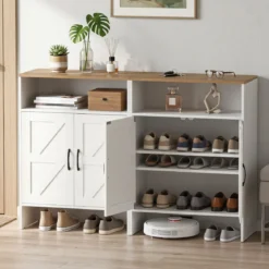 Schuhschrank im Landhausstil mit Türen & 2 Höhenverstellbaren Einlegeböden 70 x 35 x 95 cm Weiß + Natur