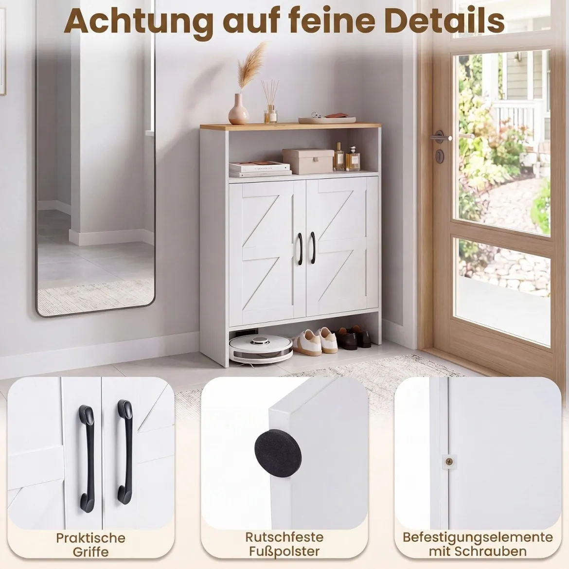 Schuhschrank im Landhausstil mit Türen & 2 Höhenverstellbaren Einlegeböden 70 x 35 x 95 cm Weiß + Natur