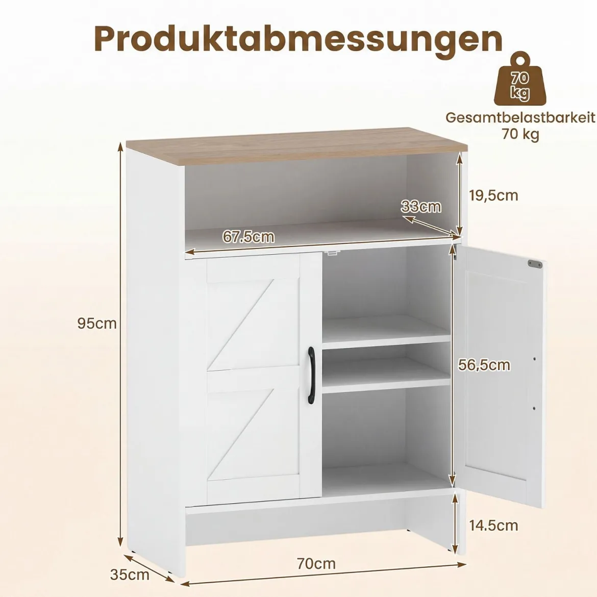 Schuhschrank im Landhausstil mit Türen & 2 Höhenverstellbaren Einlegeböden 70 x 35 x 95 cm Weiß + Natur