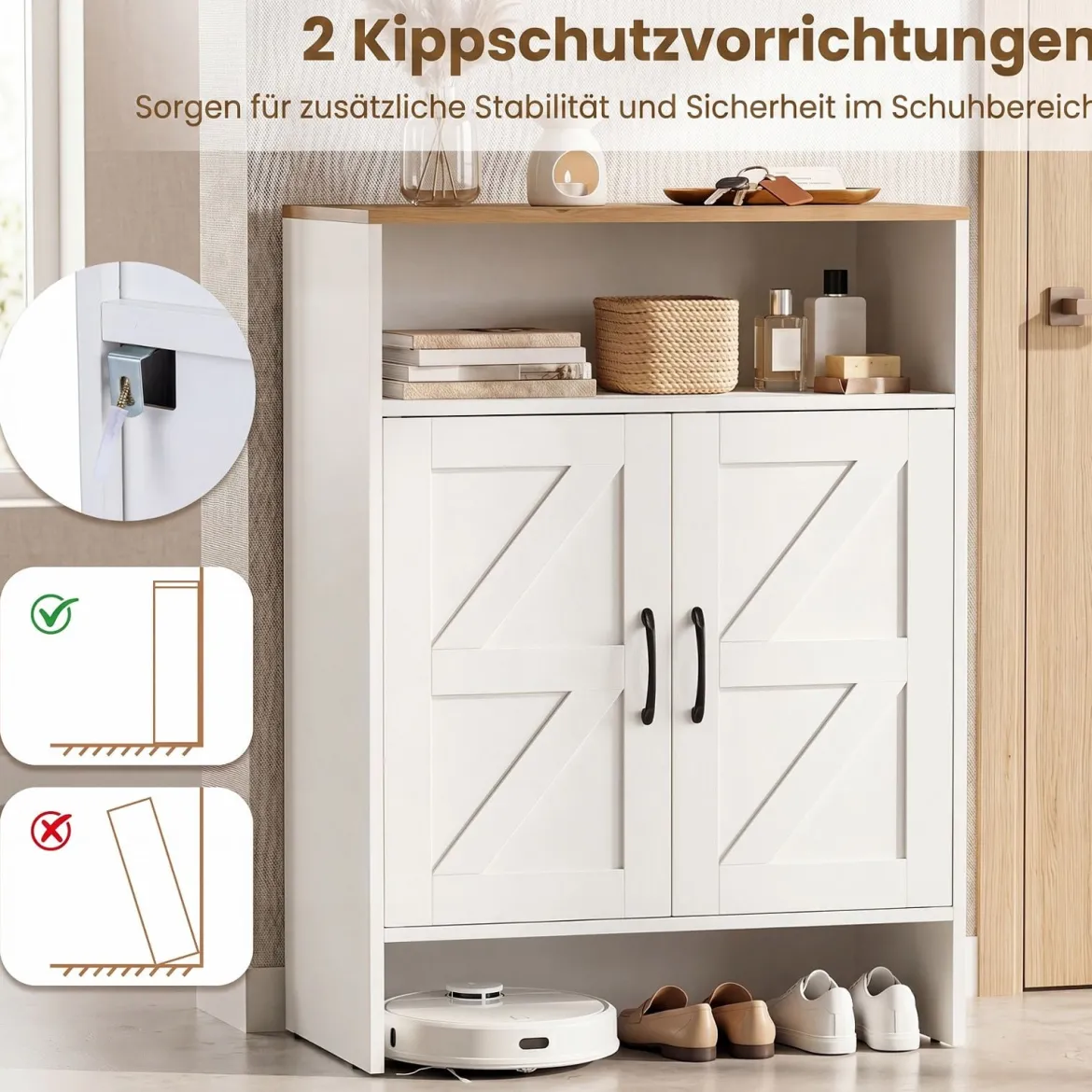 Schuhschrank im Landhausstil mit Türen & 2 Höhenverstellbaren Einlegeböden 70 x 35 x 95 cm Weiß + Natur