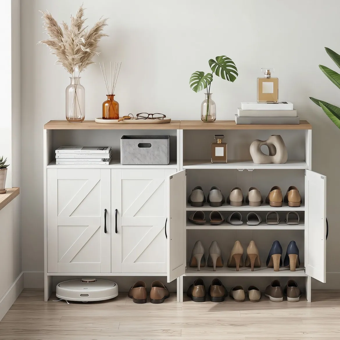 Schuhschrank im Landhausstil mit Türen & 2 Höhenverstellbaren Einlegeböden 70 x 35 x 95 cm Weiß + Natur