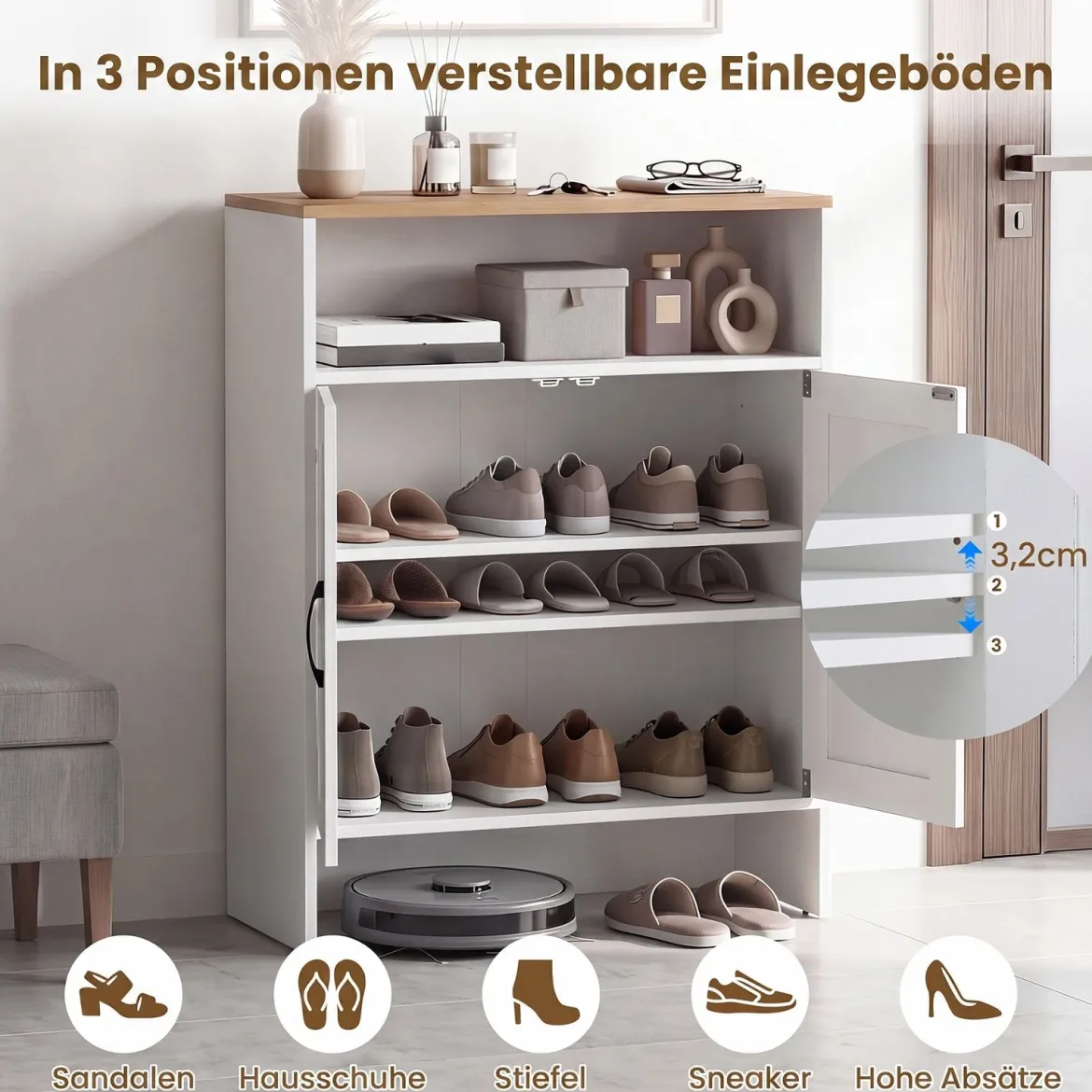 Schuhschrank im Landhausstil mit Türen & 2 Höhenverstellbaren Einlegeböden 70 x 35 x 95 cm Weiß + Natur