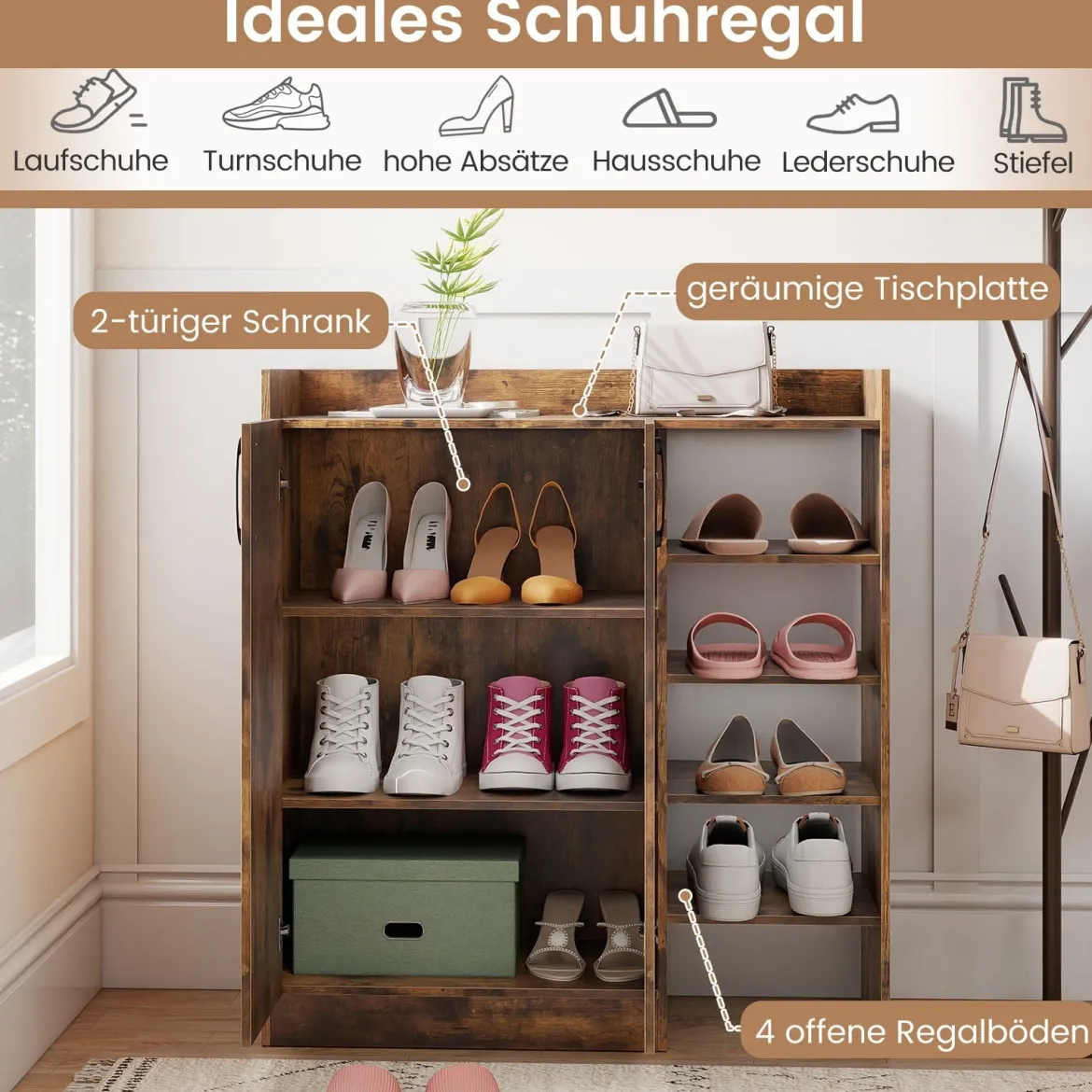 Schuhschrank mit 3-Fach Verstellbaren Regalböden & 2 Türen & 5 Offenen Regalen Braun