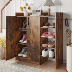 Schuhschrank mit 3-Fach Verstellbaren Regalböden & 2 Türen & 5 Offenen Regalen Braun