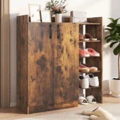 Schuhschrank mit 3-Fach Verstellbaren Regalböden & 2 Türen & 5 Offenen Regalen Braun