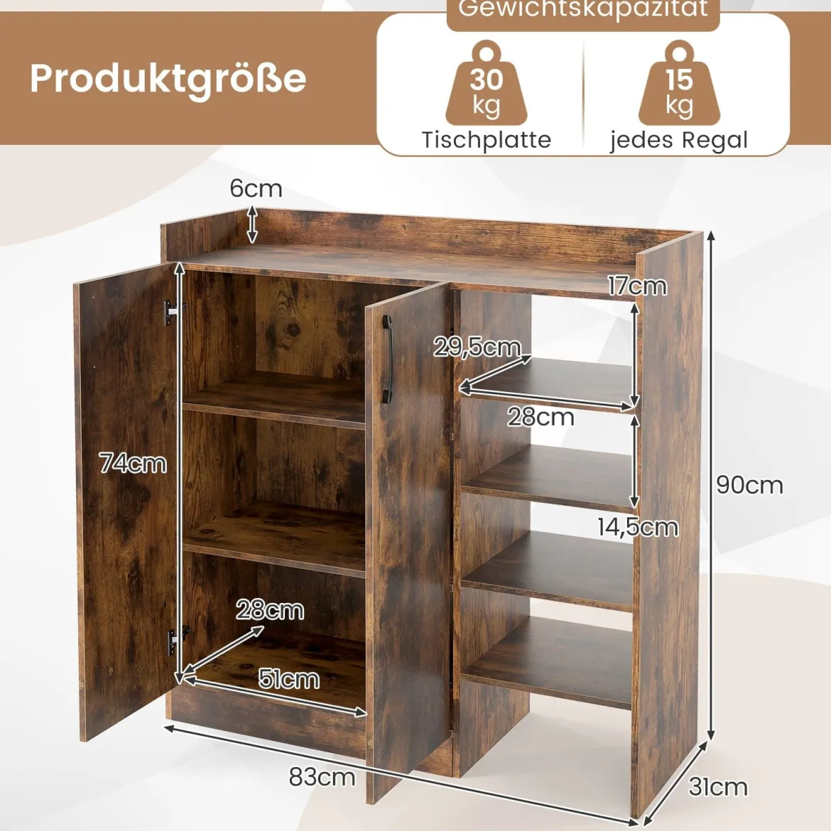 Schuhschrank mit 3-Fach Verstellbaren Regalböden & 2 Türen & 5 Offenen Regalen Braun