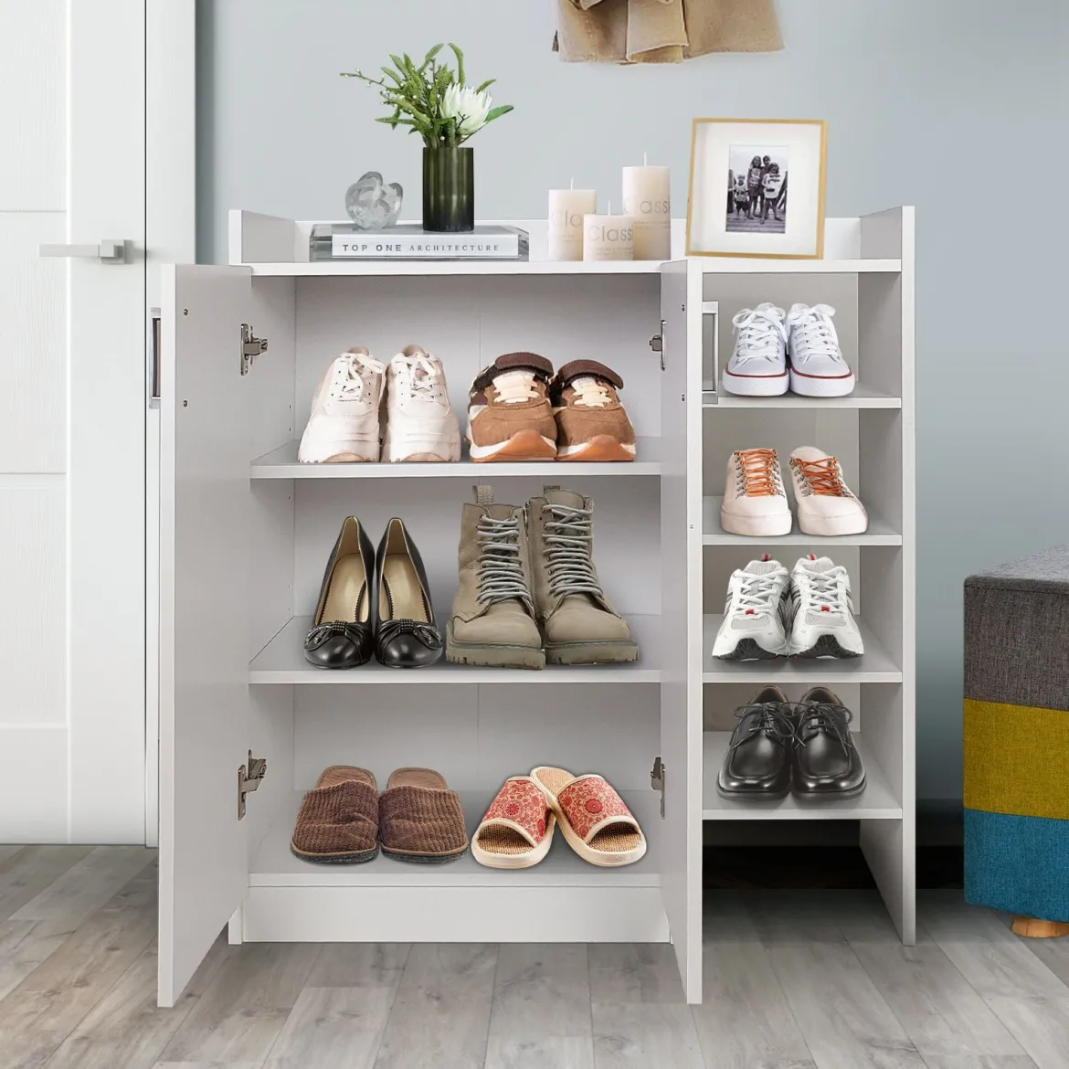Schuhschrank mit 3-Fach Verstellbaren Regalböden & 2 Türen & 5 Offenen Regalen Weiß
