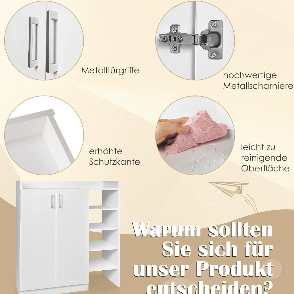 Schuhschrank mit 3-Fach Verstellbaren Regalböden & 2 Türen & 5 Offenen Regalen Weiß