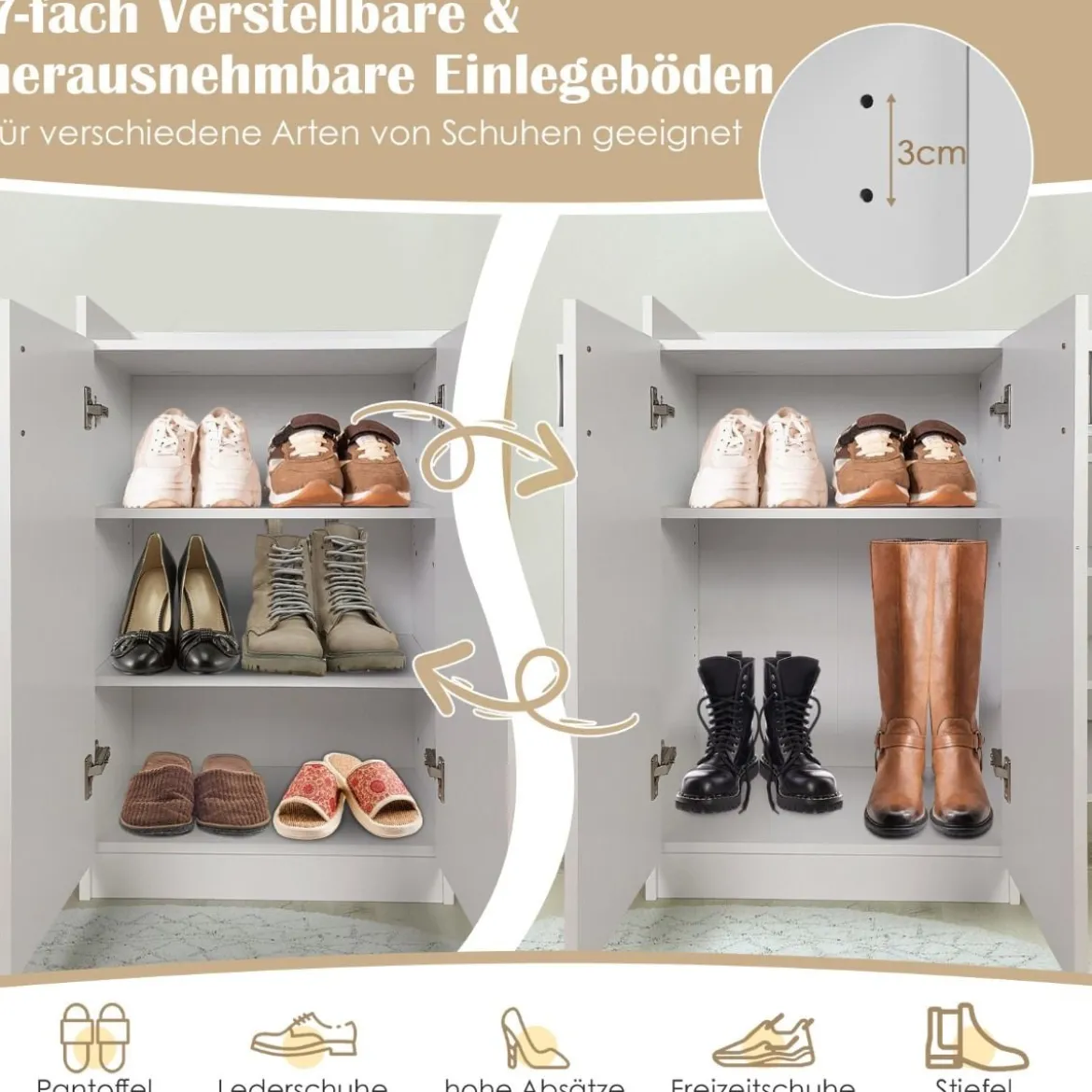 Schuhschrank mit 3-Fach Verstellbaren Regalböden & 2 Türen & 5 Offenen Regalen Weiß