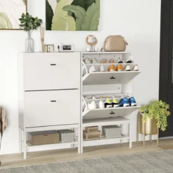 Schuhschrank mit 2 Klappen & 4 Ablageflächen & Offenem Regal Schuhkipper Schuhregal für 15 Paar Schuhe