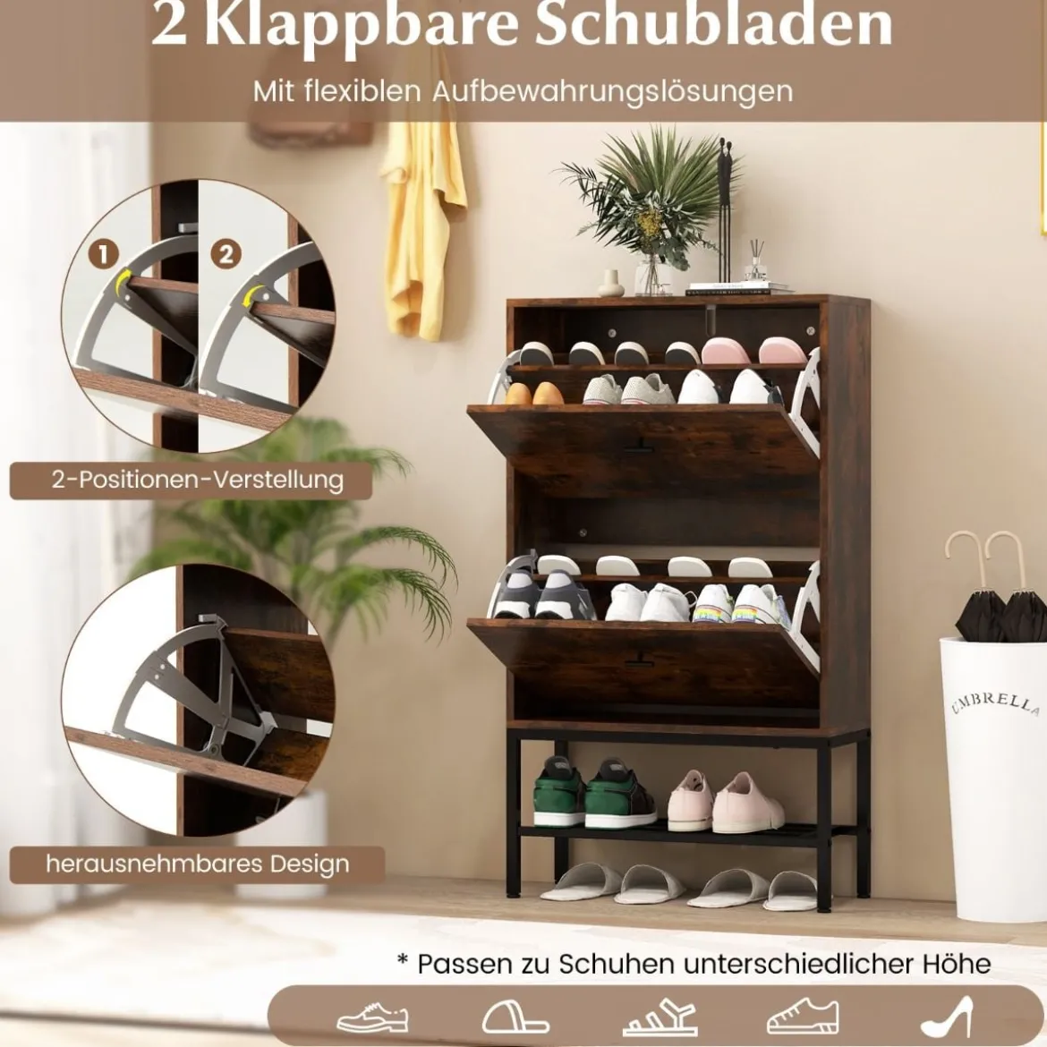 Schuhschrank mit 2 Klappen & 4 Ablageflächen & Offenem Regal Schuhkipper Schuhregal für 15 Paar Schuhe