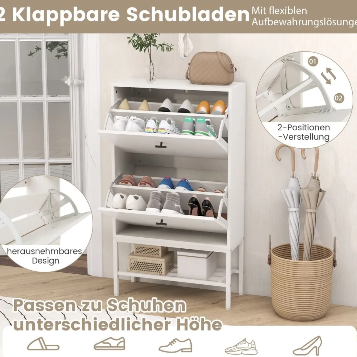 Schuhschrank mit 2 Klappen & 4 Ablageflächen & Offenem Regal Schuhkipper Schuhregal für 15 Paar Schuhe
