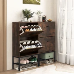 Schuhschrank mit 2 Klappen & 4 Ablageflächen & Offenem Regal Schuhkipper Schuhregal für 15 Paar Schuhe