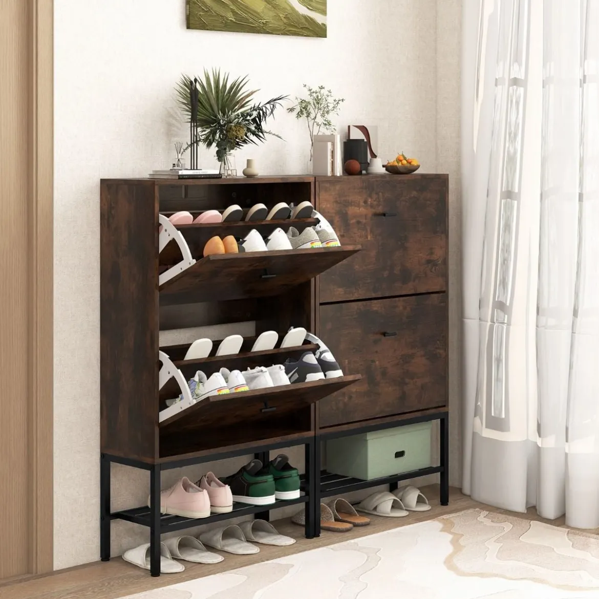 Schuhschrank mit 2 Klappen & 4 Ablageflächen & Offenem Regal Schuhkipper Schuhregal für 15 Paar Schuhe