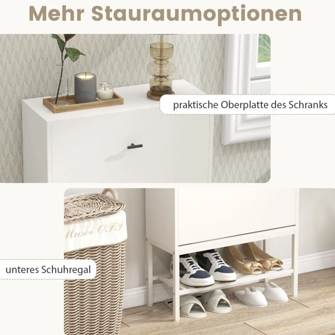 Schuhschrank mit 2 Klappen & 4 Ablageflächen & Offenem Regal Schuhkipper Schuhregal für 15 Paar Schuhe