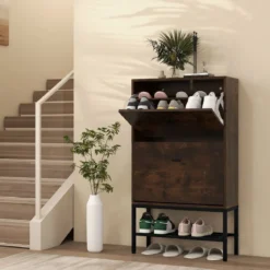 Schuhschrank mit 2 Klappen & 4 Ablageflächen & Offenem Regal Schuhkipper Schuhregal für 15 Paar Schuhe