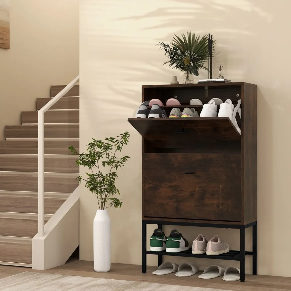 Schuhschrank mit 2 Klappen & 4 Ablageflächen & Offenem Regal Schuhkipper Schuhregal für 15 Paar Schuhe